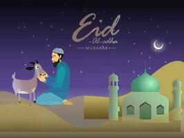 Eid-Al-Adha Mubarak Concept with Muslim Man Praying Before Sacrifice of Goat, Glossy Mosque Illustration, Olive Brown Waves on Purple Crescent Night Background. vector