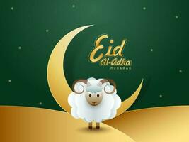 Eid-Al-Adha Mubarak Concept with Golden Crescent Moon and Paper Sheep on Green Background. vector