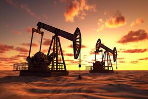 Oil pump oil rig energy industrial machine for petroleum in the sunset background. . photo