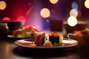 Food and drink against a festive restaurants bokeh background, . photo