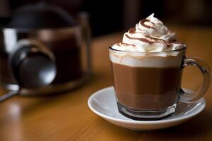 capuchino es servido en un menor taza y adornar con azotado crema. generativo ai. foto