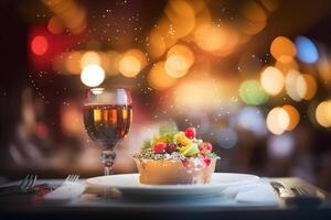 comida y bebida en contra un festivo restaurantes bokeh fondo, generativo ai. foto