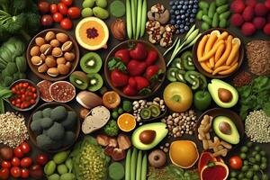 salud y relacionado con el bienestar alimento, superalimentos, orgánico alimento, vegano alimento, generativo ai. foto
