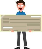 Character of happy businessman with cheque. vector