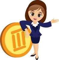 Business woman character with coin. vector