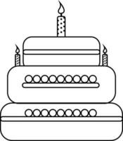 Burning candles decorated cake in line art illustration. vector