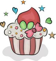 Hearts and stars decorated cup cake. vector