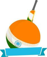 Cricket Bat-ball in Indian flag color with blue ribbon. vector