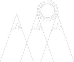 Black line art mountains with sun rays. vector