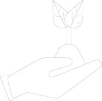 Human hand holding leaves plant in line art. vector