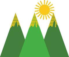 Green mountains with yellow sun rays. vector