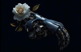 a robot with a white rose on a black background photo