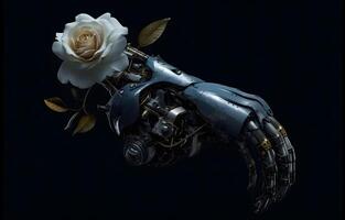 a robot with a white rose on a black background AI Generated photo