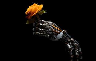 artificial intelligence robot hand with rose flower isolated on black background photo