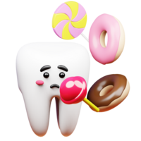 triste e adorável 3d dente mascote, expressando a consequências do doce guloseimas. perfeito para dental saúde campanhas e promovendo conhecimento. png