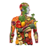 fresco cibo nel umano corpo, nutrizione per umano, umano corpo fatto di verdura e frutta isolato su trasparente sfondo. salutare cibo concetto generativo ai. png
