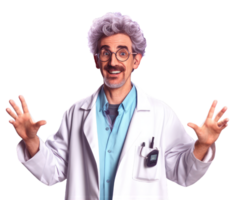 Funny doctor in medical uniform isolated on transparent background. Hilarious doctor in funny pose. png