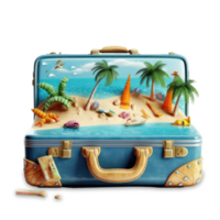 3d Illustration Reise Koffer mit tropisch Insel. Reise Strand Ferien Konzept, isoliert auf transparent Hintergrund generativ ai png