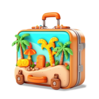 3d illustratie reizen koffer met tropisch eiland. reizen strand vakantie concept, geïsoleerd Aan transparant achtergrond generatief ai png