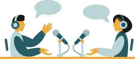 Couple of radio host with microphone and speech bubbles. Vector illustration. podcast concept