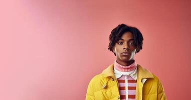 Banner studio protrait of handsome afro-american man over pink background with copy space. Advertising concept. . photo