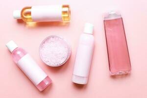 Flat lay spa on a pink background. Mocap Cosmetics on a pink background. pink cosmetics photo