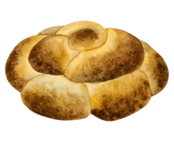 Round challah bread watercolor illustration. Fresh homemade braided bun bread clipart for Rosh Hashanah, Shabbat and Jewish holidays png