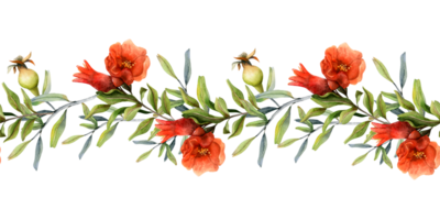 Granatapfel Geäst mit rot Blumen blühen und jung Früchte Aquarell horizontal nahtlos Banner. botanisch Illustration zum rosh Haschana, natürlich Kosmetika png
