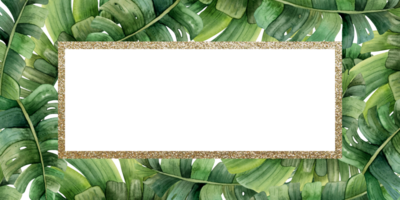 Watercolor tropical leaves horizontal banner template with gold frame. Jungle monstera and palm tree design for cards, wedding party invitations, vertical boxes png