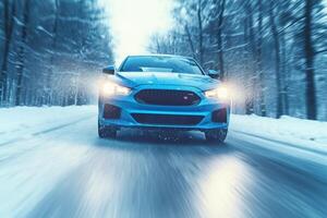 azul coche Moviente rápido en el invierno Nevado la carretera movimiento difuminar y copos de nieve conducir seguro concepto ai generado foto