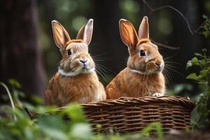 Two little rabbits sitting in the basket photo