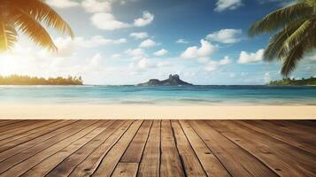 A wooden floor with a view of a beach. photo