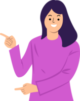 smiling young woman in casual shirt showing pointing finger to blank space png