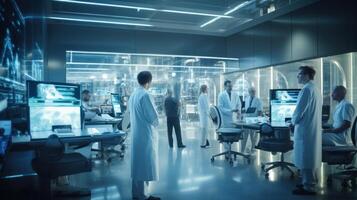 Scientists in lab coats standing together in a laboratory. photo