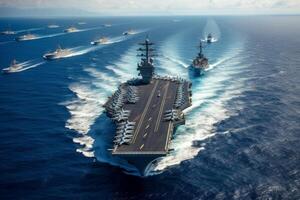 Fleet of navy ships sailing in the blue ocean waters. photo