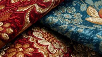 A bunch of colorful fabrics close-up. photo