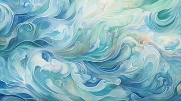 A painting depicting ocean waves in blue and green on a white canvas. photo