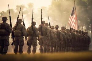 hombres en militar uniformes posando en frente de un americano bandera. generativo ai foto