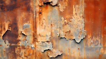 An aged and weathered metal surface with chipped paint. photo