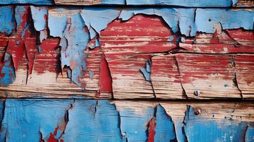 A weathered blue and red wall with peeling paint in close-up. photo