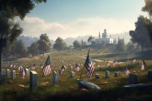 Painting of an American cemetery adorned with flags remembrance for the fallen veterans. photo