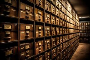 Wall filled with rows of filing cabinets with numerous drawers. Generative AI photo