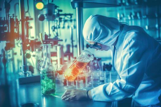 A scientist analyzing data on a computer screen in a laboratory. photo