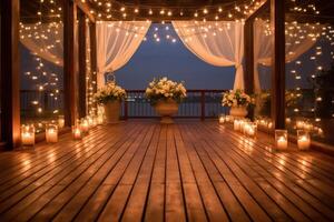 Beautifully-lit wooden deck, perfect for outdoor gatherings and relaxation. photo