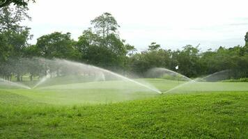 Automatic high-pressure water sprinkler at green golf course watering the grass video