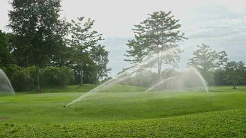 Automatic high-pressure water sprinkler at green golf course watering the grass video