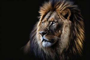 Portrait of a beautiful lion and copy space. Lion in dark photo