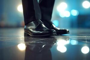 Close-up of a businessman's feet stepping into the future. photo