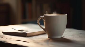 café descanso dicha, un blanco cerámico jarra y libro en un de madera mesa, un relajante pausa ai generado foto
