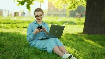 mujer utilizando teléfono inteligente mientras sentado en parque después refinamiento al aire libre trabajo video